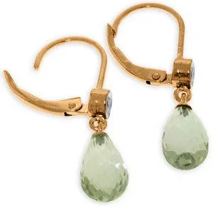 14K Solid Rose Gold Leverback Earrings Diamond & Green Amethyst Certified