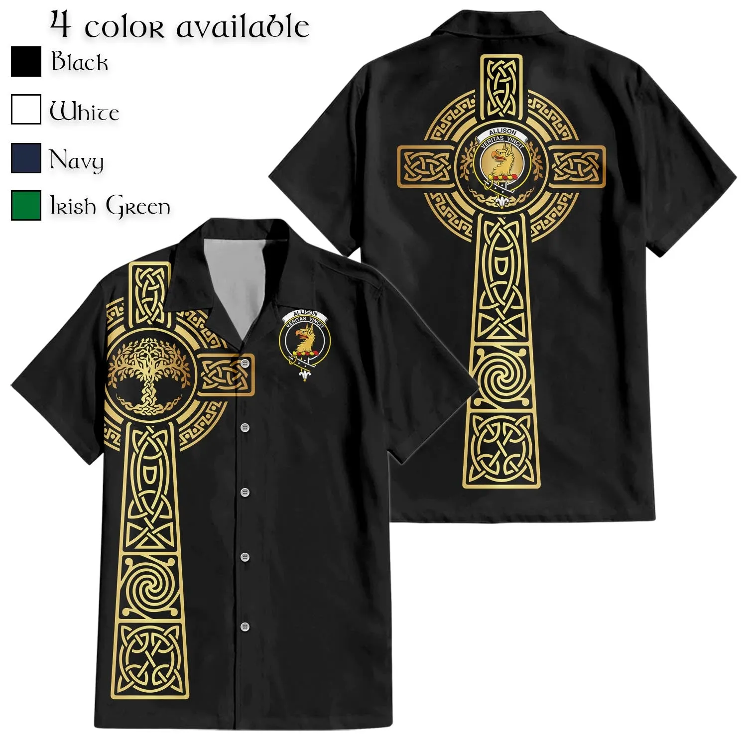 Allison Clan Mens Short Sleeve Button Up Shirt with Golden Celtic Tree Of Life