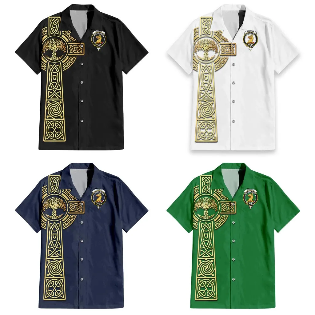 Allison Clan Mens Short Sleeve Button Up Shirt with Golden Celtic Tree Of Life