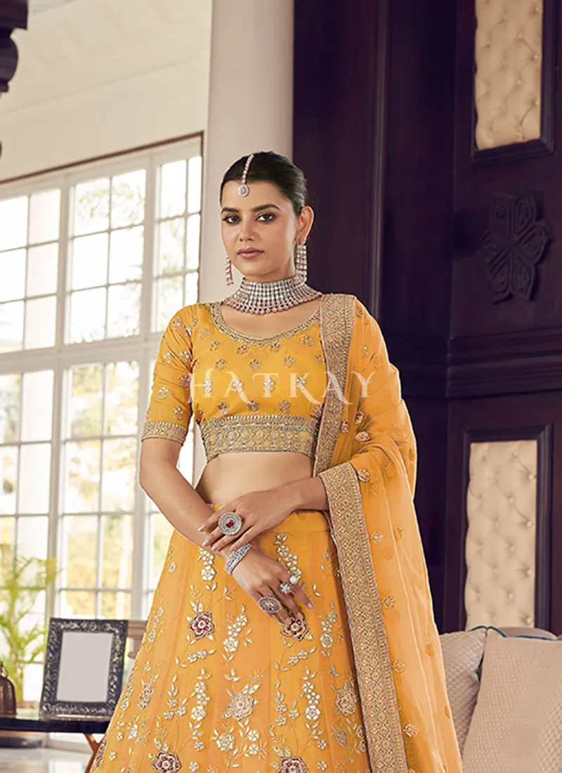 Amber Yellow Appliqué Embroidered Wedding Lehenga Choli