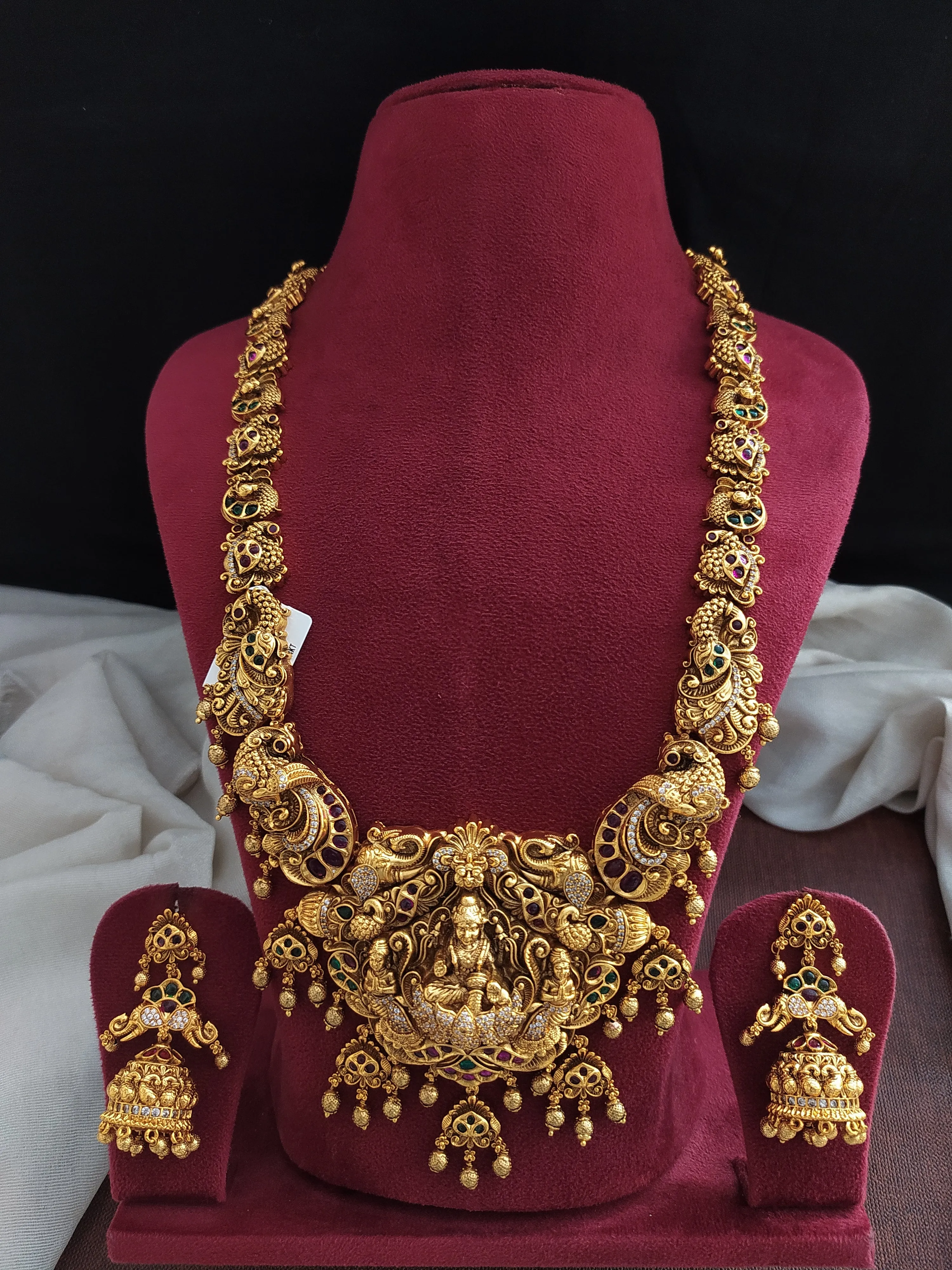 Antique Nakshi Work Lakshmi Long Haram Set with Jhumki