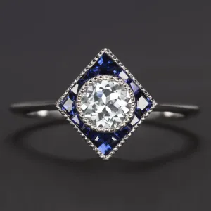 AQUAMARINE SAPPHIRE COCKTAIL RING HALO 14k WHITE GOLD VINTAGE STYLE ART DECO