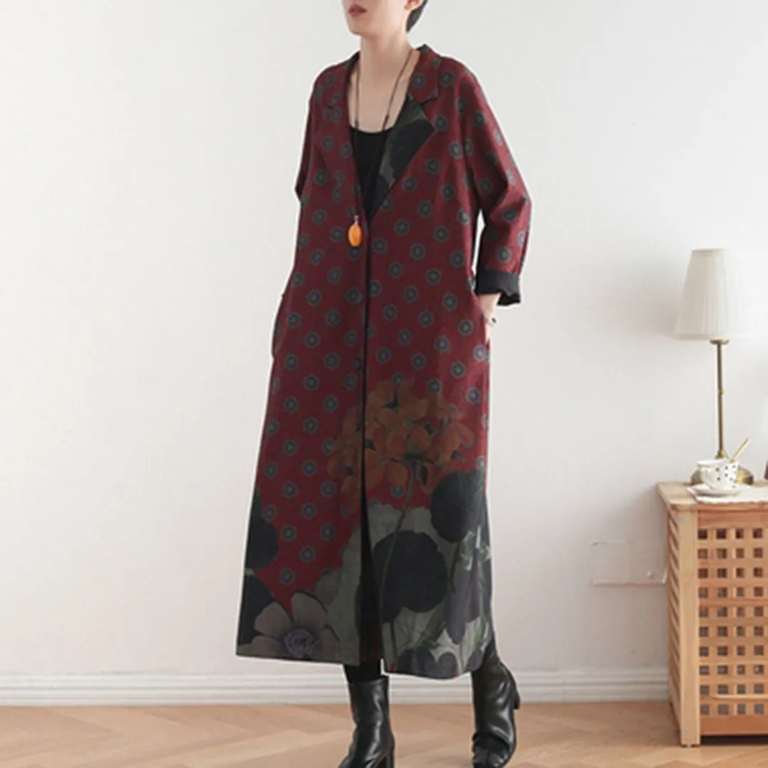 Babakud Women Winter Printed Vintage Loose Casual Long Coat