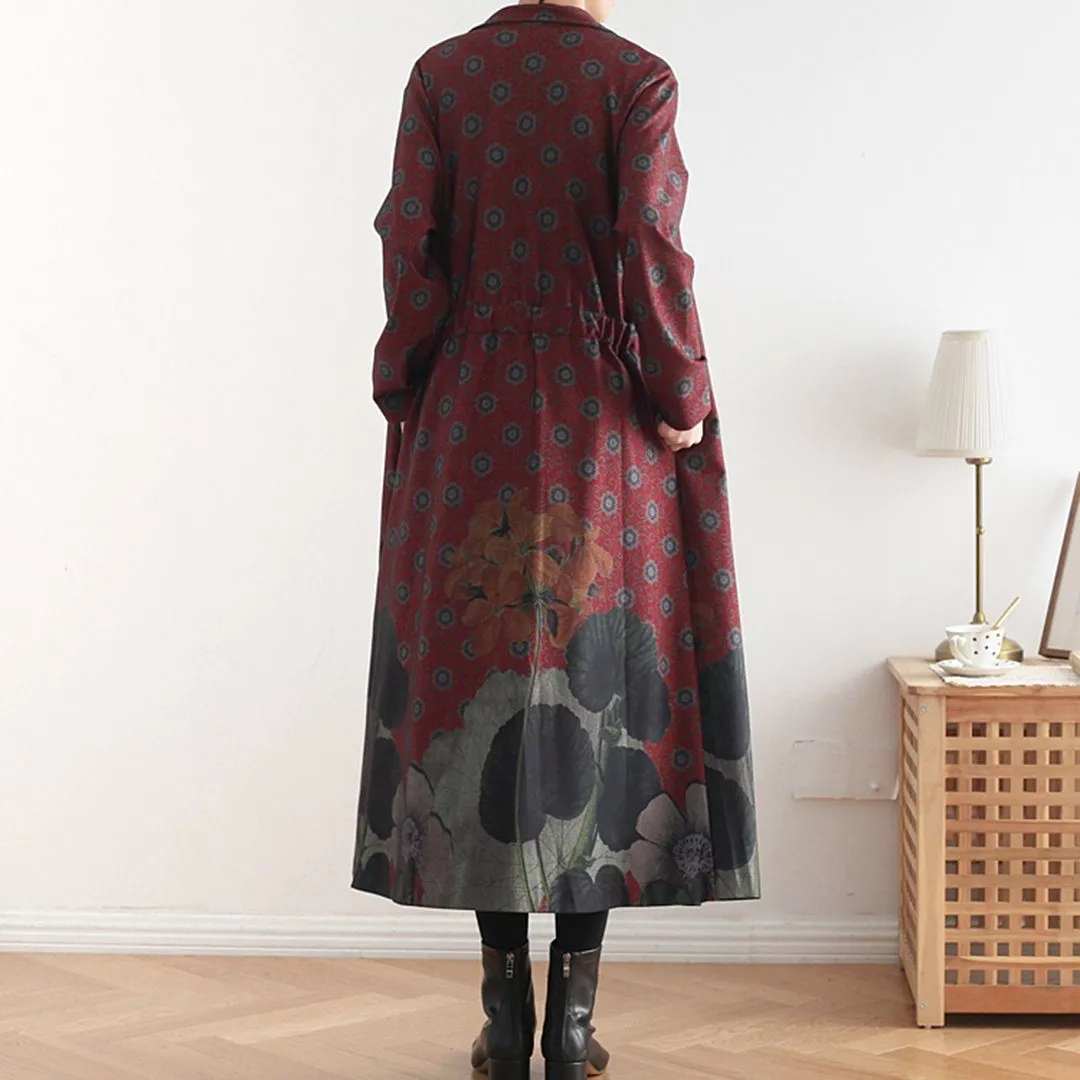 Babakud Women Winter Printed Vintage Loose Casual Long Coat