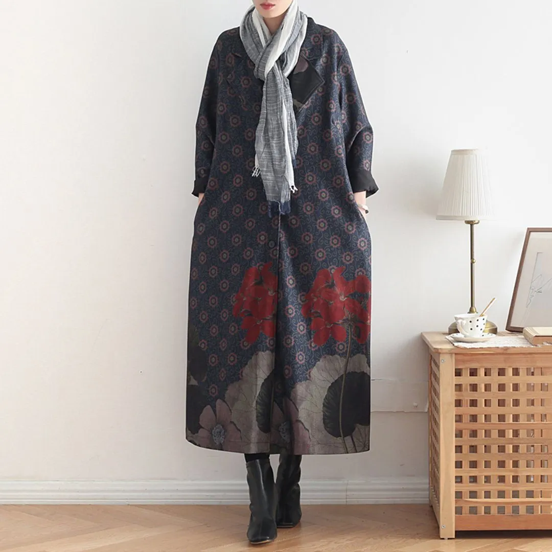 Babakud Women Winter Printed Vintage Loose Casual Long Coat