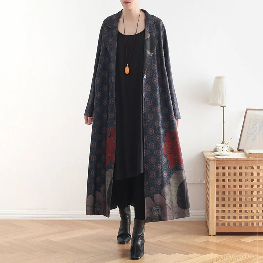 Babakud Women Winter Printed Vintage Loose Casual Long Coat