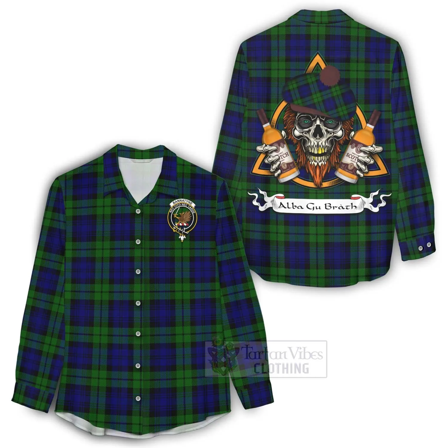 Bannatyne Tartan Women's Casual Shirt with Family Crest and Bearded Skull Holding Bottles of Whiskey