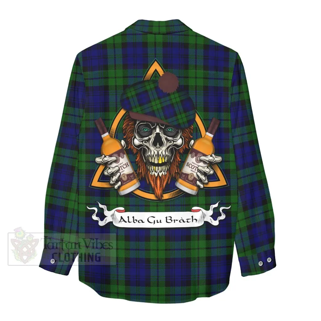 Bannatyne Tartan Women's Casual Shirt with Family Crest and Bearded Skull Holding Bottles of Whiskey