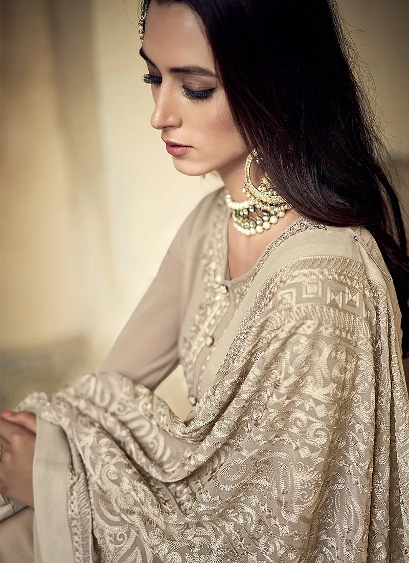 Beige Allover Embroidered Designer Sharara Suit