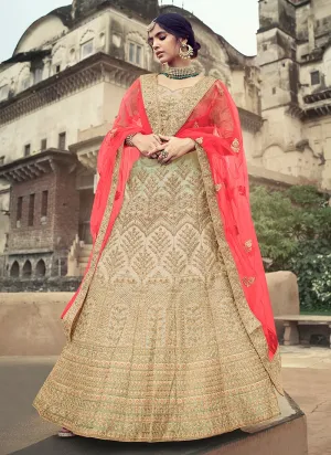 Beige Color Satin Material Stone And Dori Work Lehenga