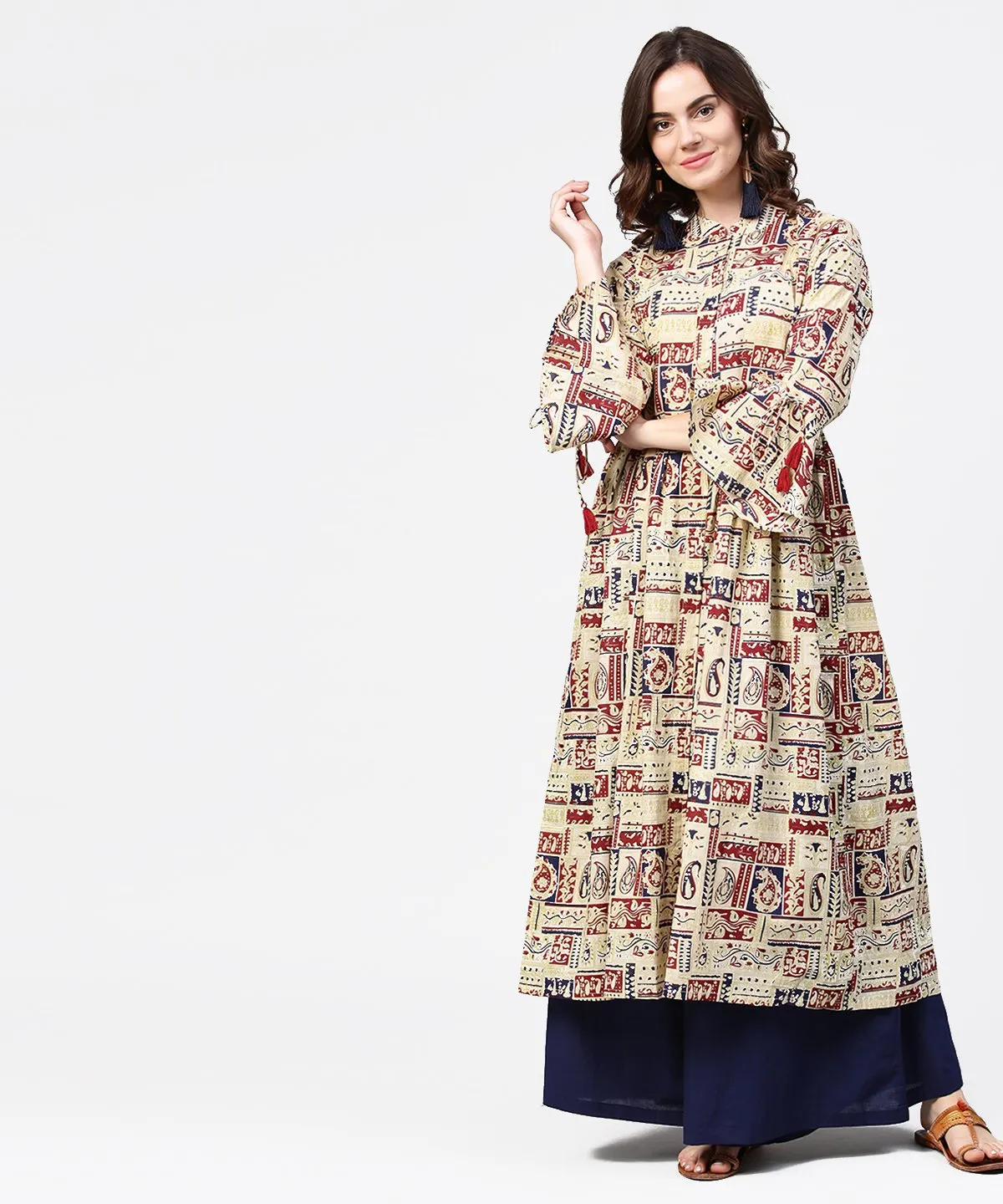 Beige full sleeve cotton anarkali kurta with blue flared ankle length palazzo