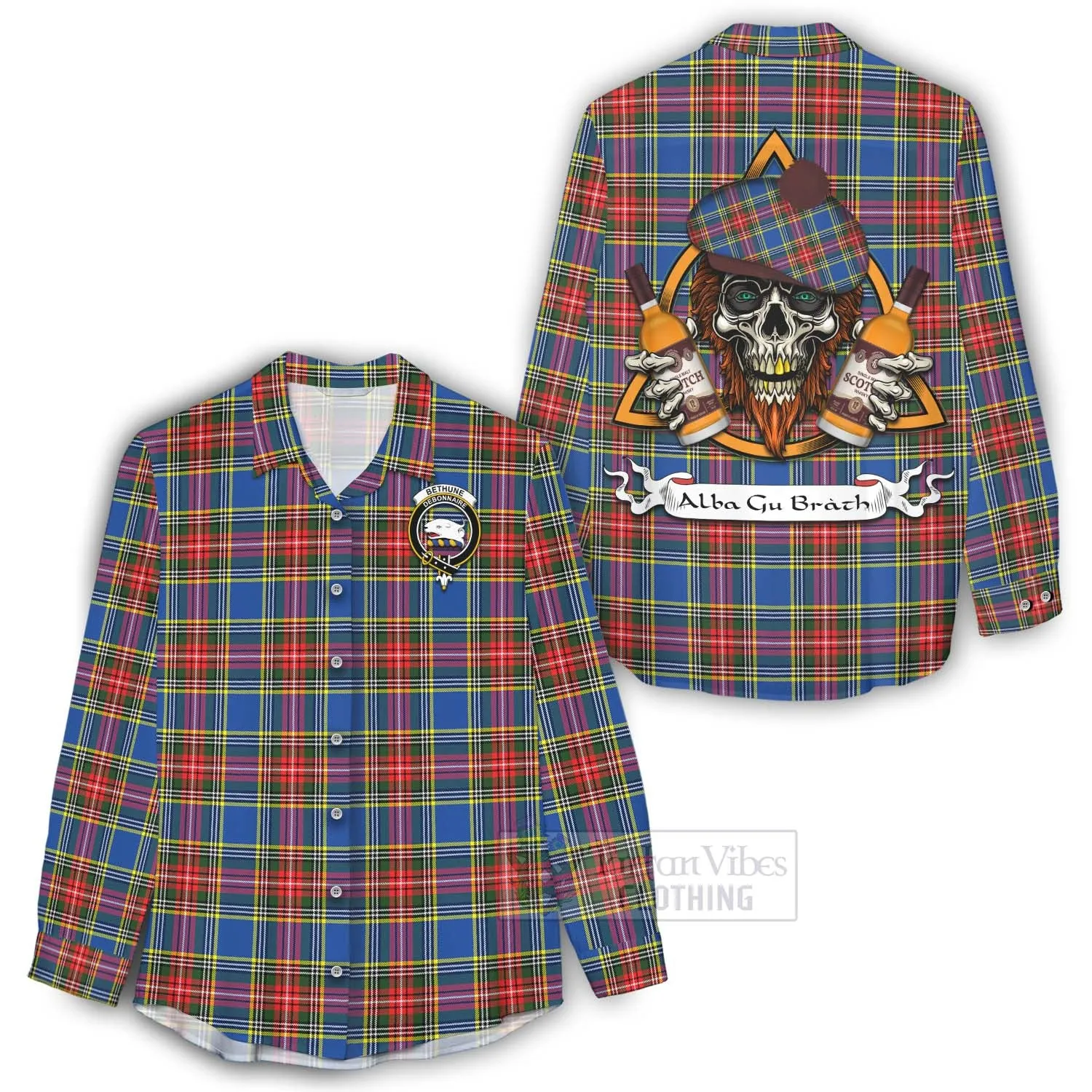 Bethune Tartan Women's Casual Shirt with Family Crest and Bearded Skull Holding Bottles of Whiskey