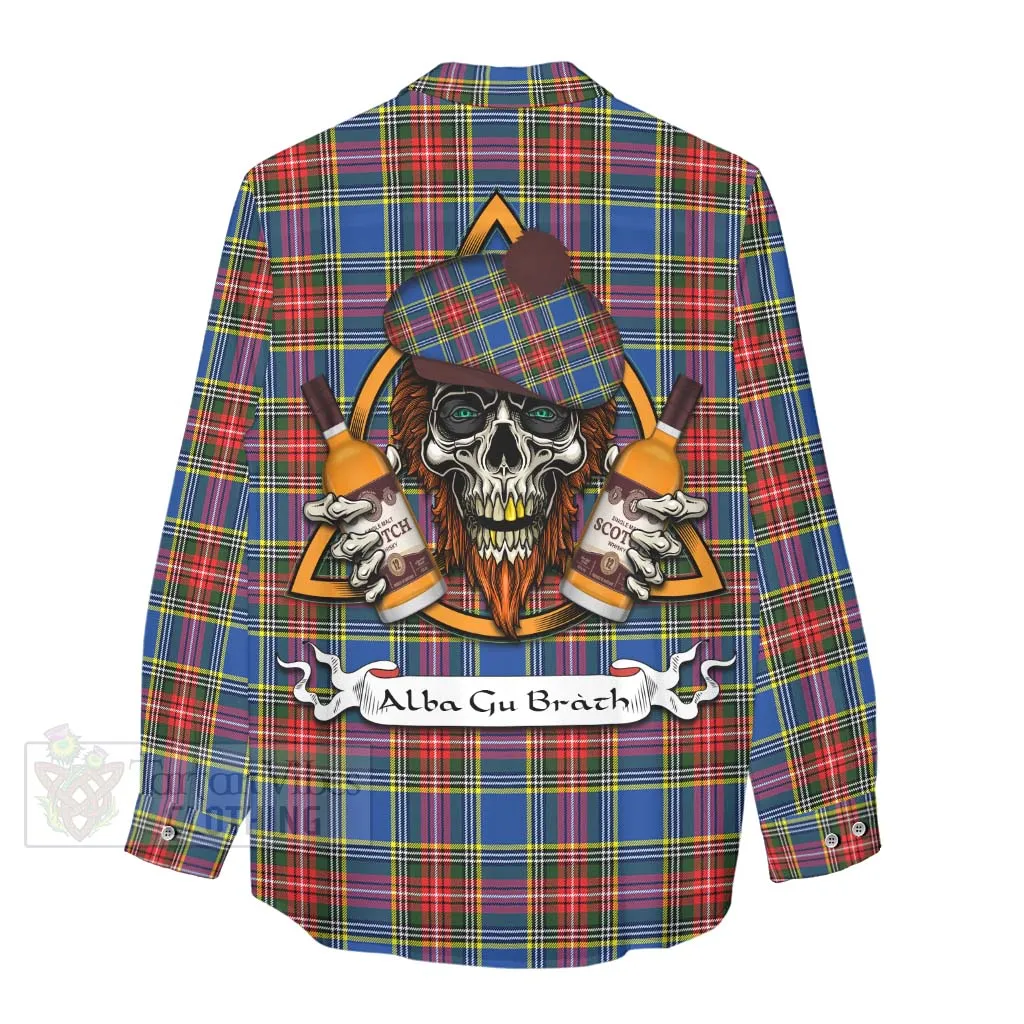 Bethune Tartan Women's Casual Shirt with Family Crest and Bearded Skull Holding Bottles of Whiskey