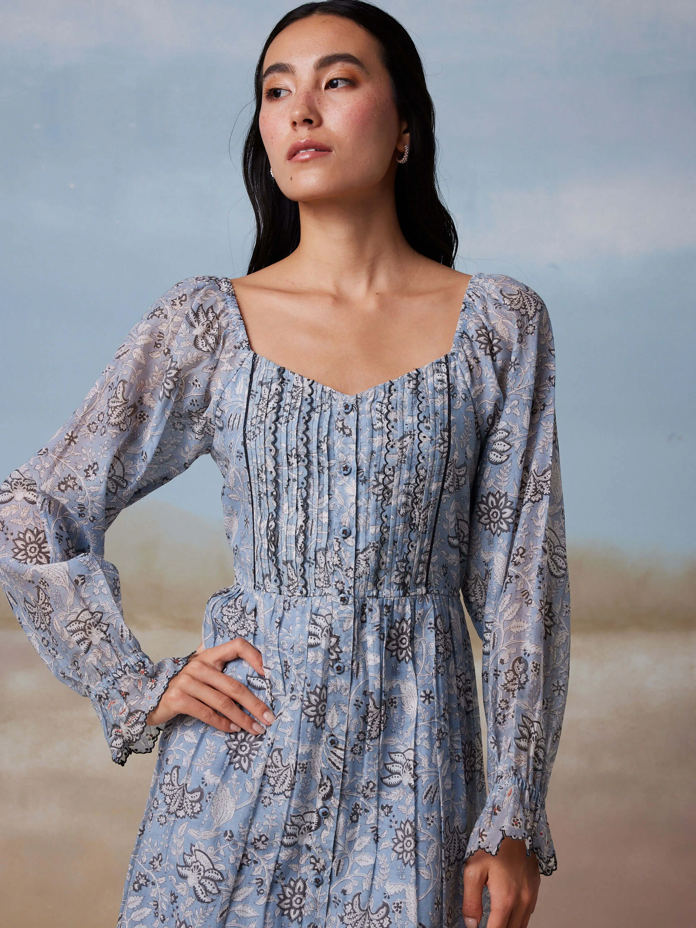 Blue Bird Peasant Midi Dress