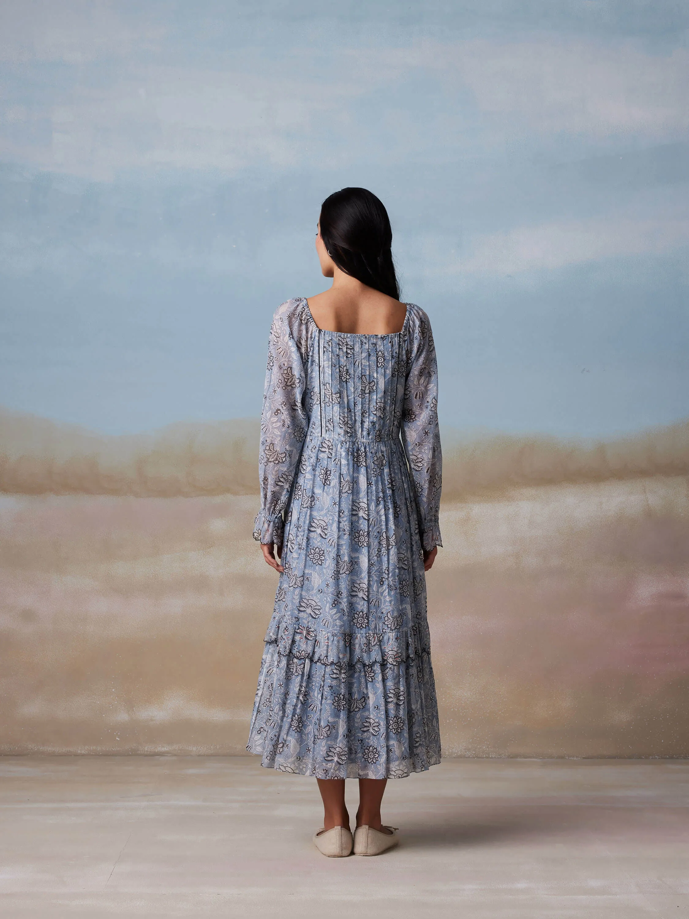 Blue Bird Peasant Midi Dress