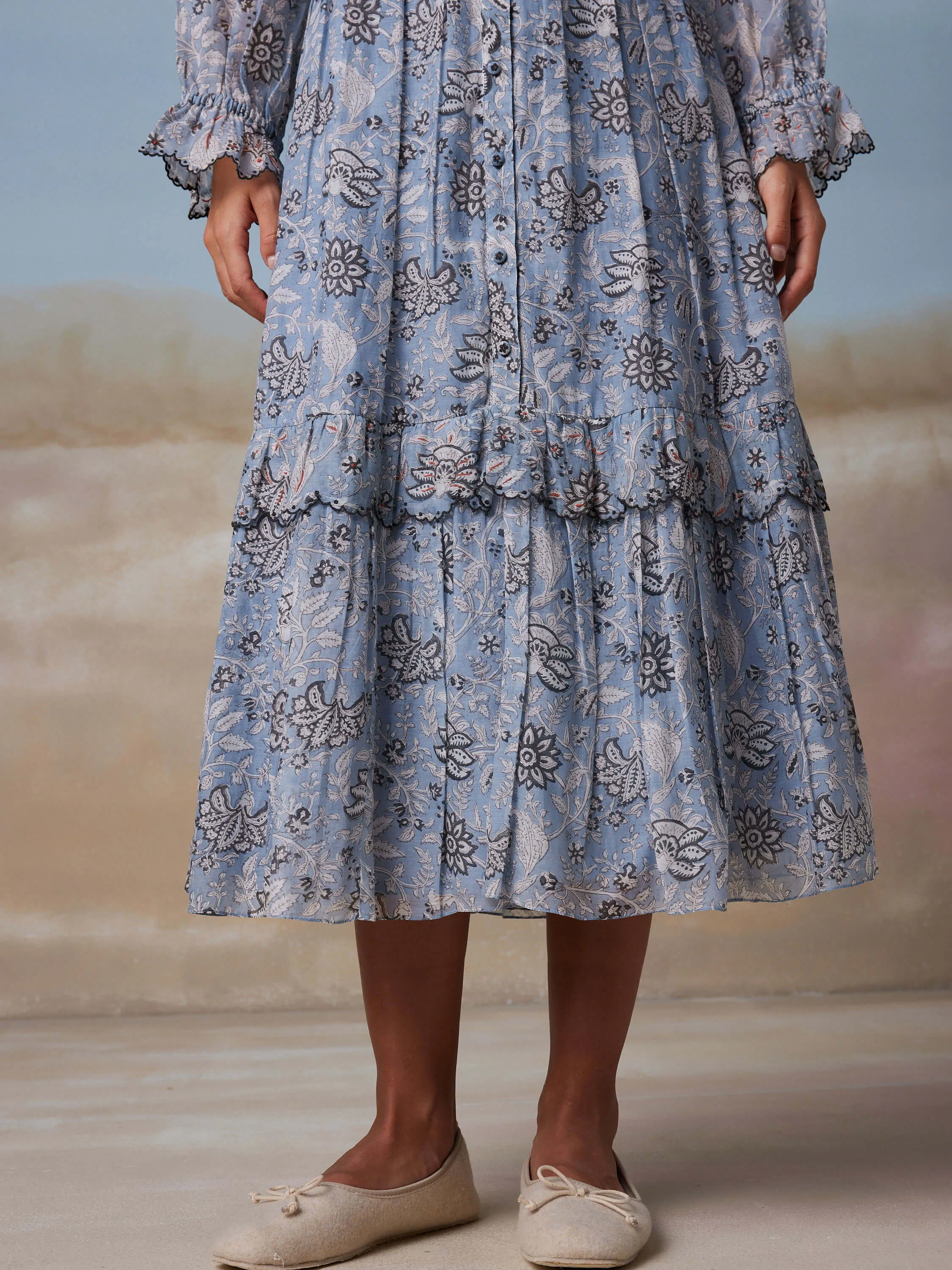 Blue Bird Peasant Midi Dress