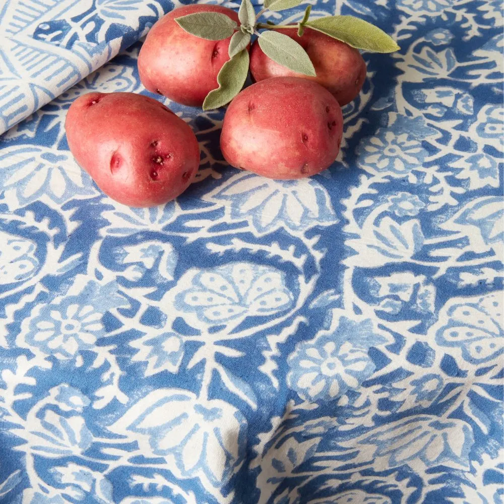 Blue Floral Block Print 70" Round Tablecloth