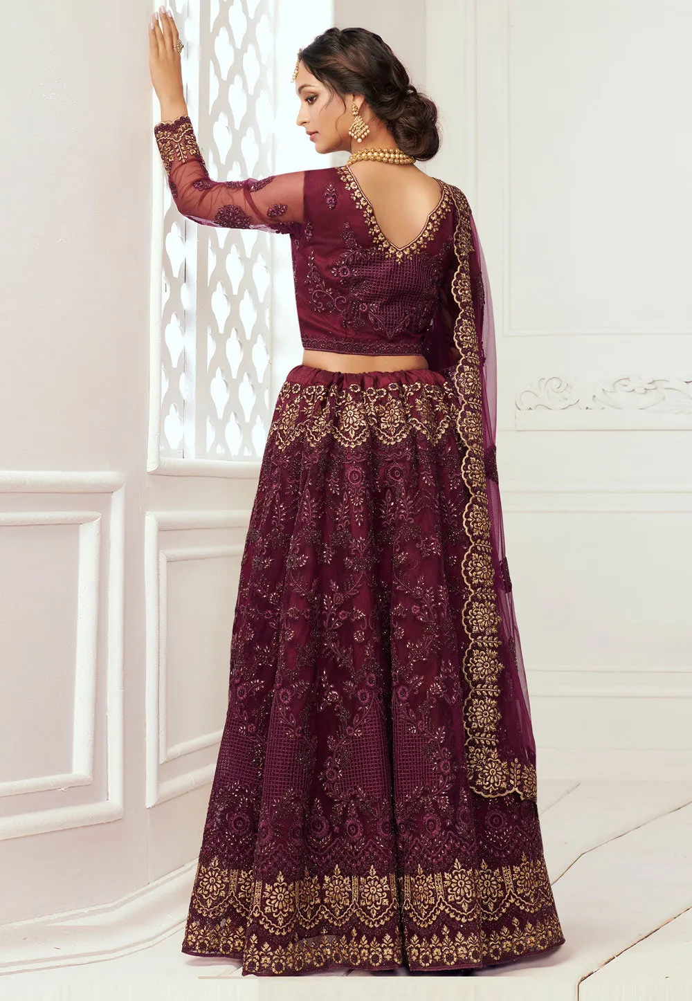 Bridal Maroon Multi Embroidered Lehenga Choli