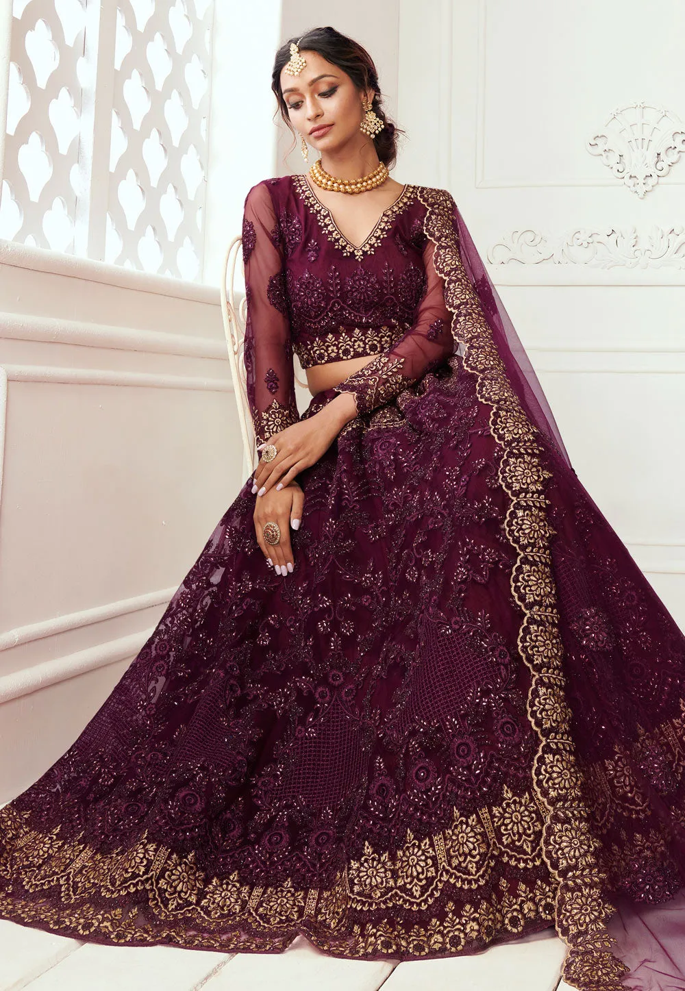 Bridal Maroon Multi Embroidered Lehenga Choli