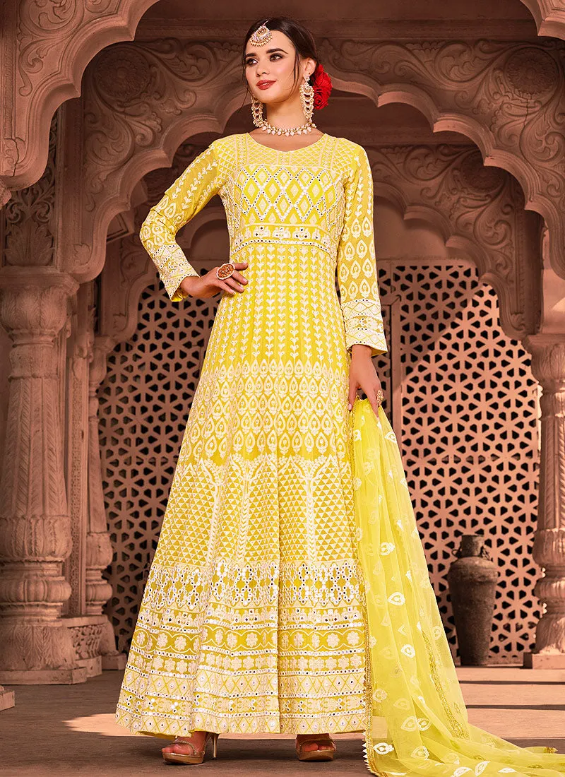 Bright Yellow Lucknowi Embroidered Anarkali Suit