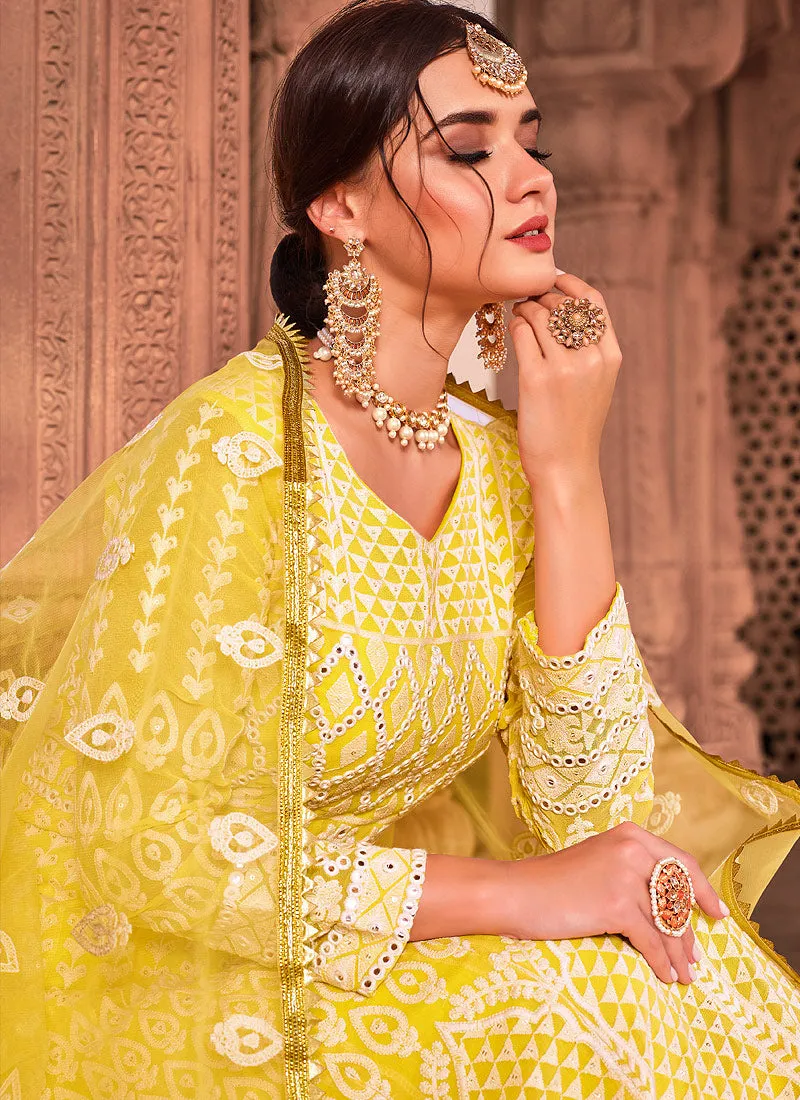 Bright Yellow Lucknowi Embroidered Anarkali Suit