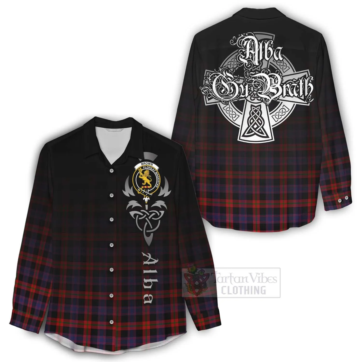 Brown (Broun) Tartan Women's Casual Shirt Featuring Alba Gu Brath Family Crest Celtic Inspired