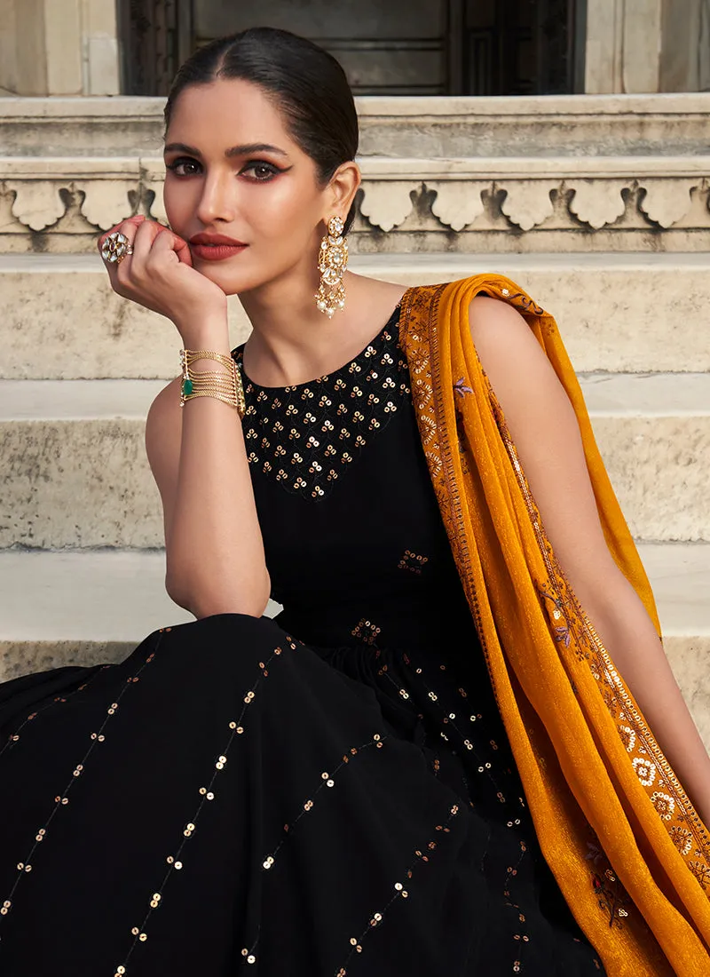 Brownish Black And Yellow Sequence Embroidery Wedding Anarkali Suit