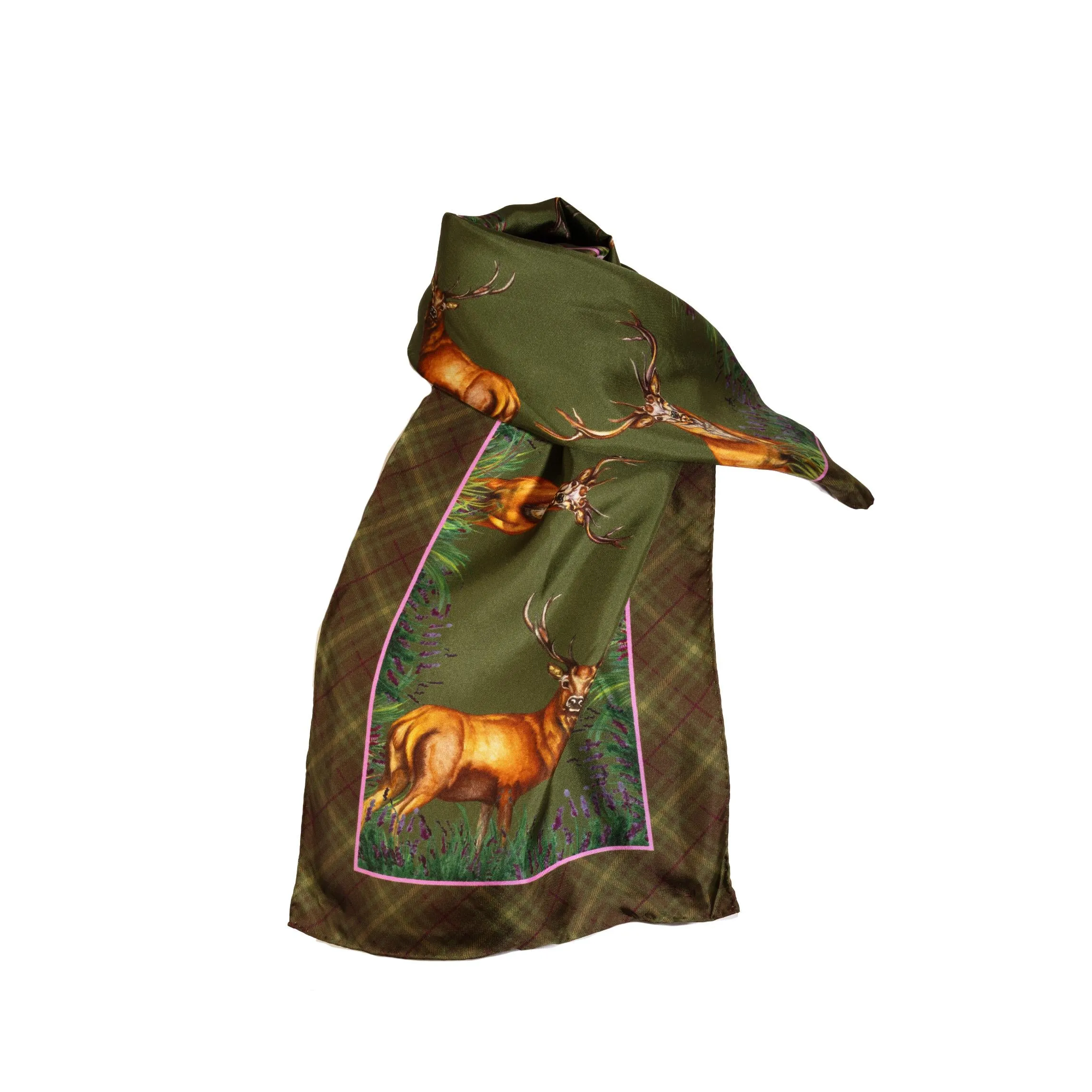 Caledonia Moss Green Narrow Pure Silk Scarf