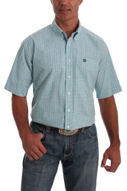 CINCH MENS SHORT SLEEVE TEAL, GRAY AND WHITE WINDOWPANE PLAID BUTTON-DOWN WESTERN SHIRT