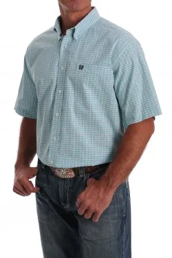 CINCH MENS SHORT SLEEVE TEAL, GRAY AND WHITE WINDOWPANE PLAID BUTTON-DOWN WESTERN SHIRT