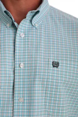 CINCH MENS SHORT SLEEVE TEAL, GRAY AND WHITE WINDOWPANE PLAID BUTTON-DOWN WESTERN SHIRT