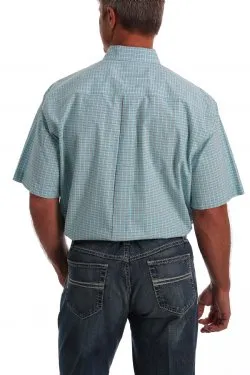 CINCH MENS SHORT SLEEVE TEAL, GRAY AND WHITE WINDOWPANE PLAID BUTTON-DOWN WESTERN SHIRT