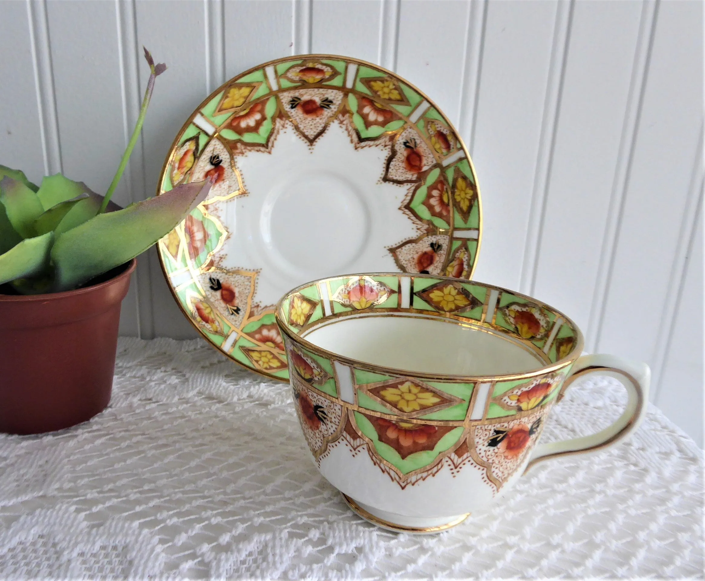 Cup And Saucer Lime Green Gold Taylor And Kent 1920s Hand Painted England