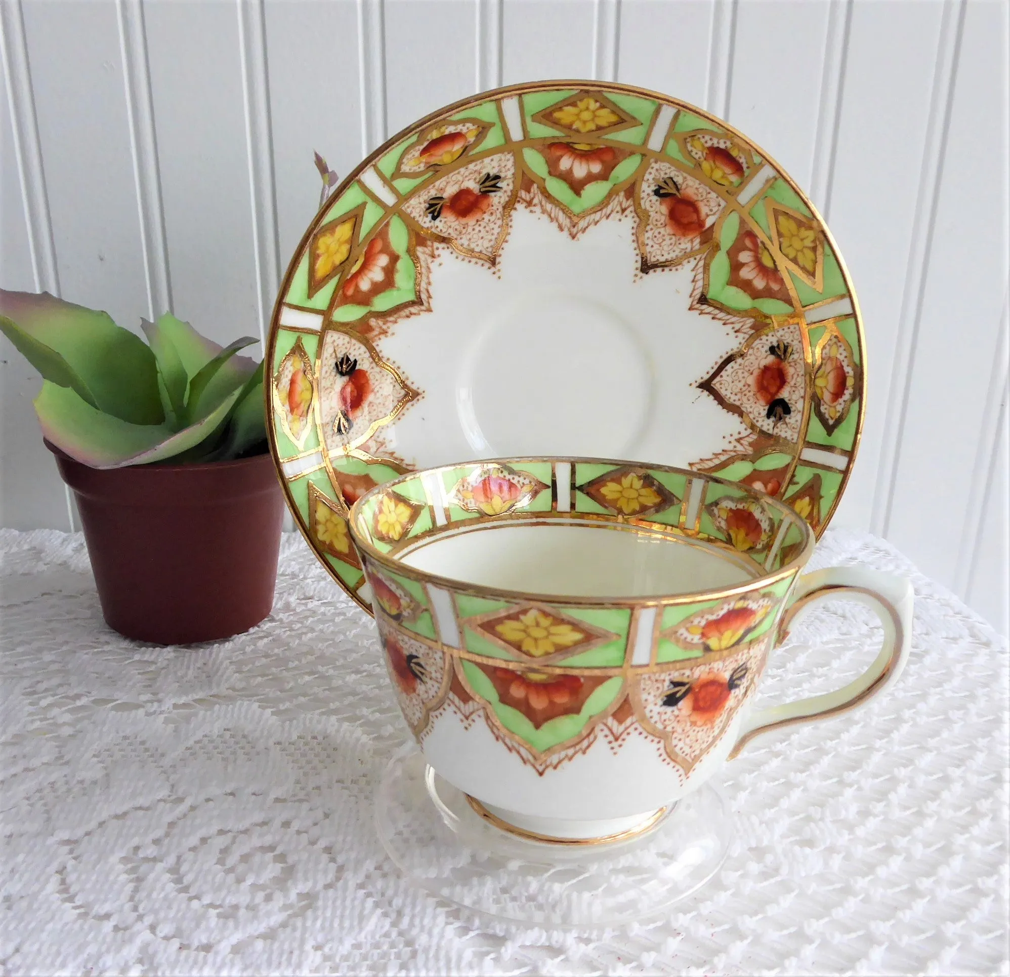 Cup And Saucer Lime Green Gold Taylor And Kent 1920s Hand Painted England