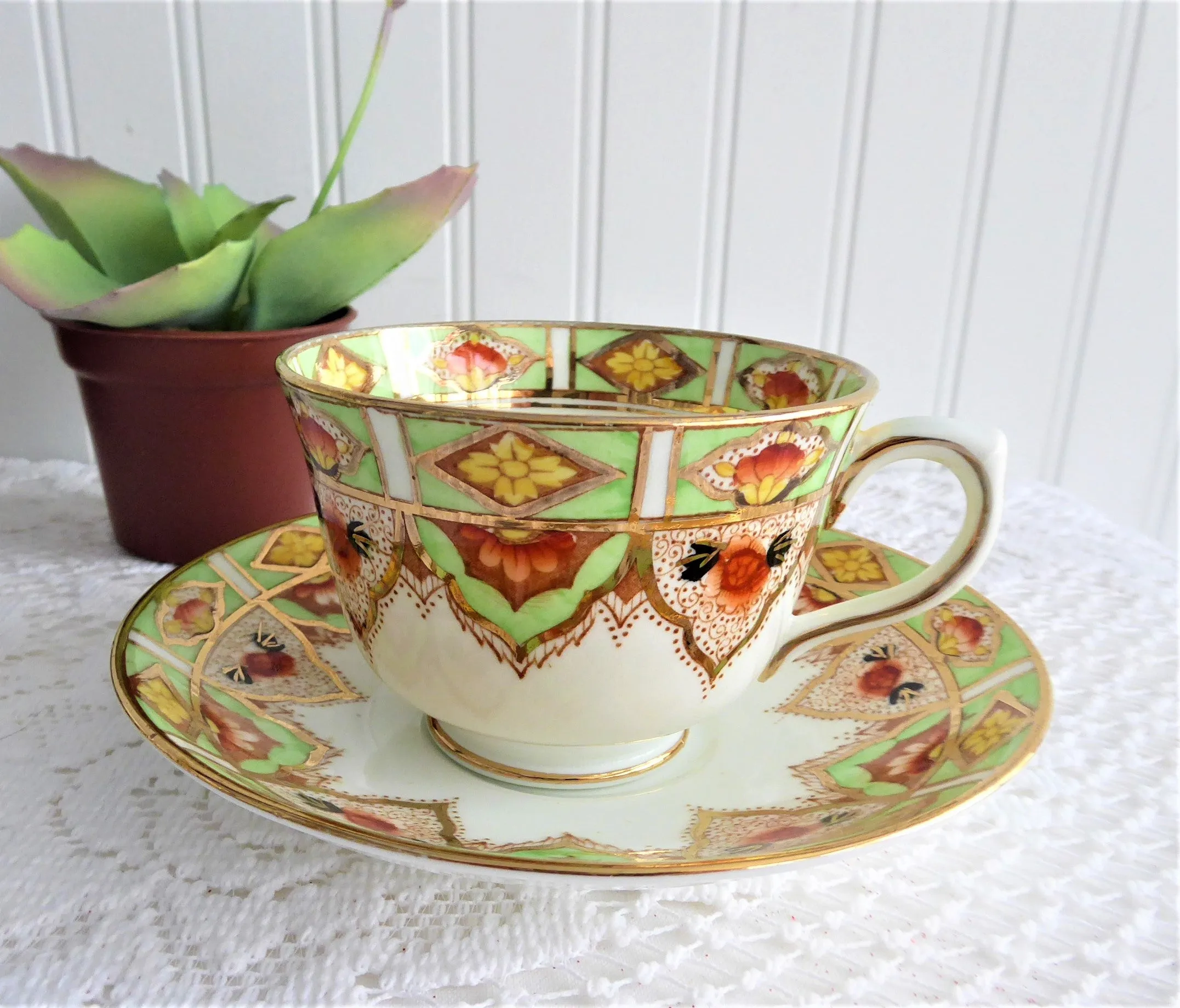 Cup And Saucer Lime Green Gold Taylor And Kent 1920s Hand Painted England