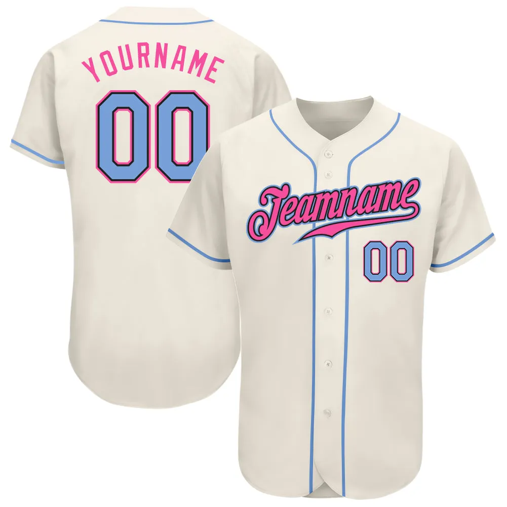 Custom Cream Light Blue Black-Pink Authentic Baseball Jersey