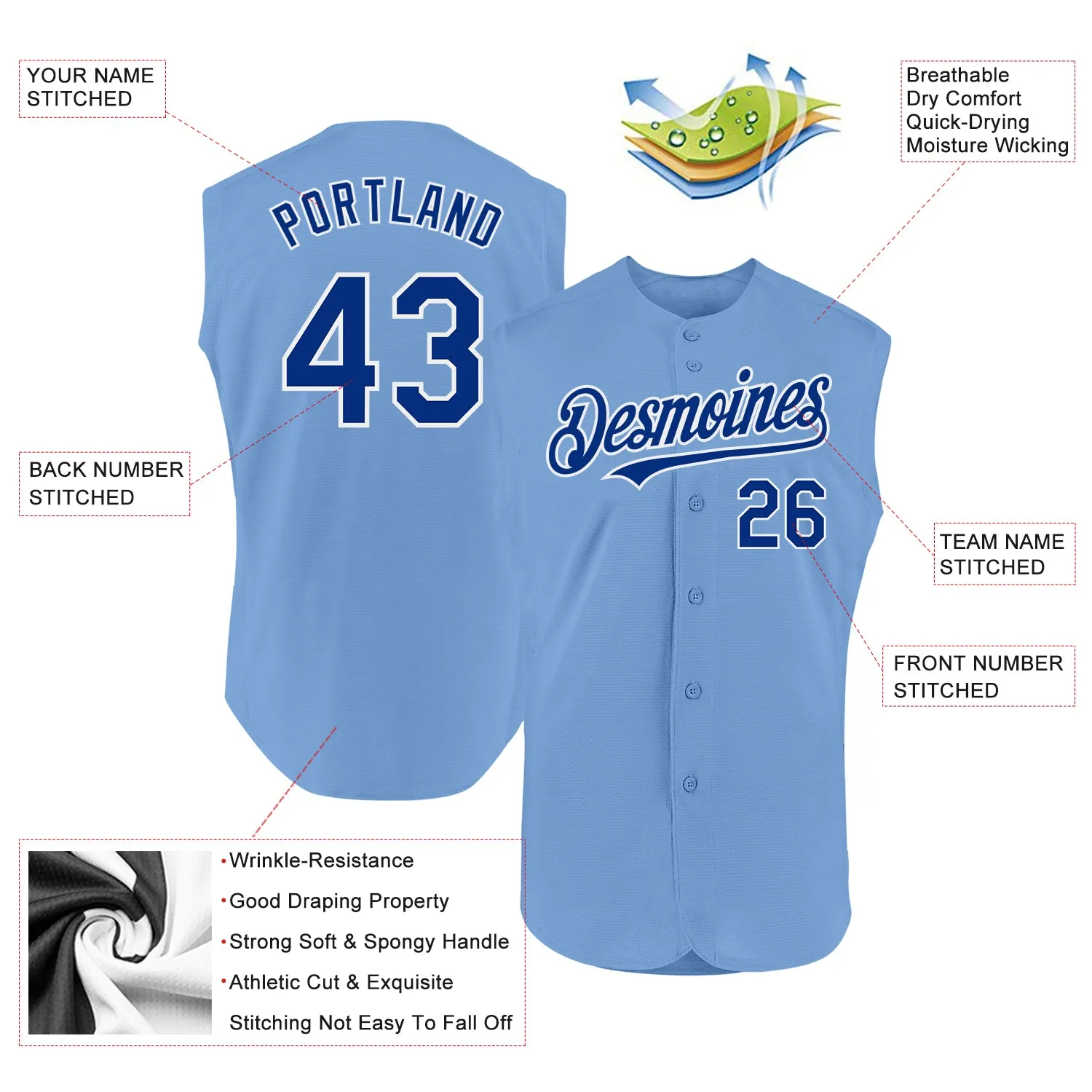 Custom Light Blue Royal-White Authentic Sleeveless Baseball Jersey