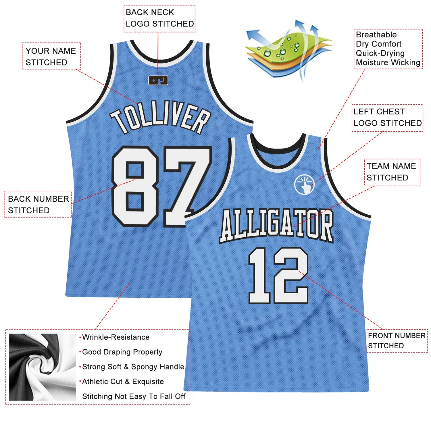 Custom Light Blue White-Black Authentic Throwback Basketball Jersey