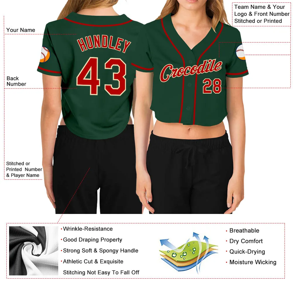 Custom Women's Green Red-Cream V-Neck Cropped Baseball Jersey