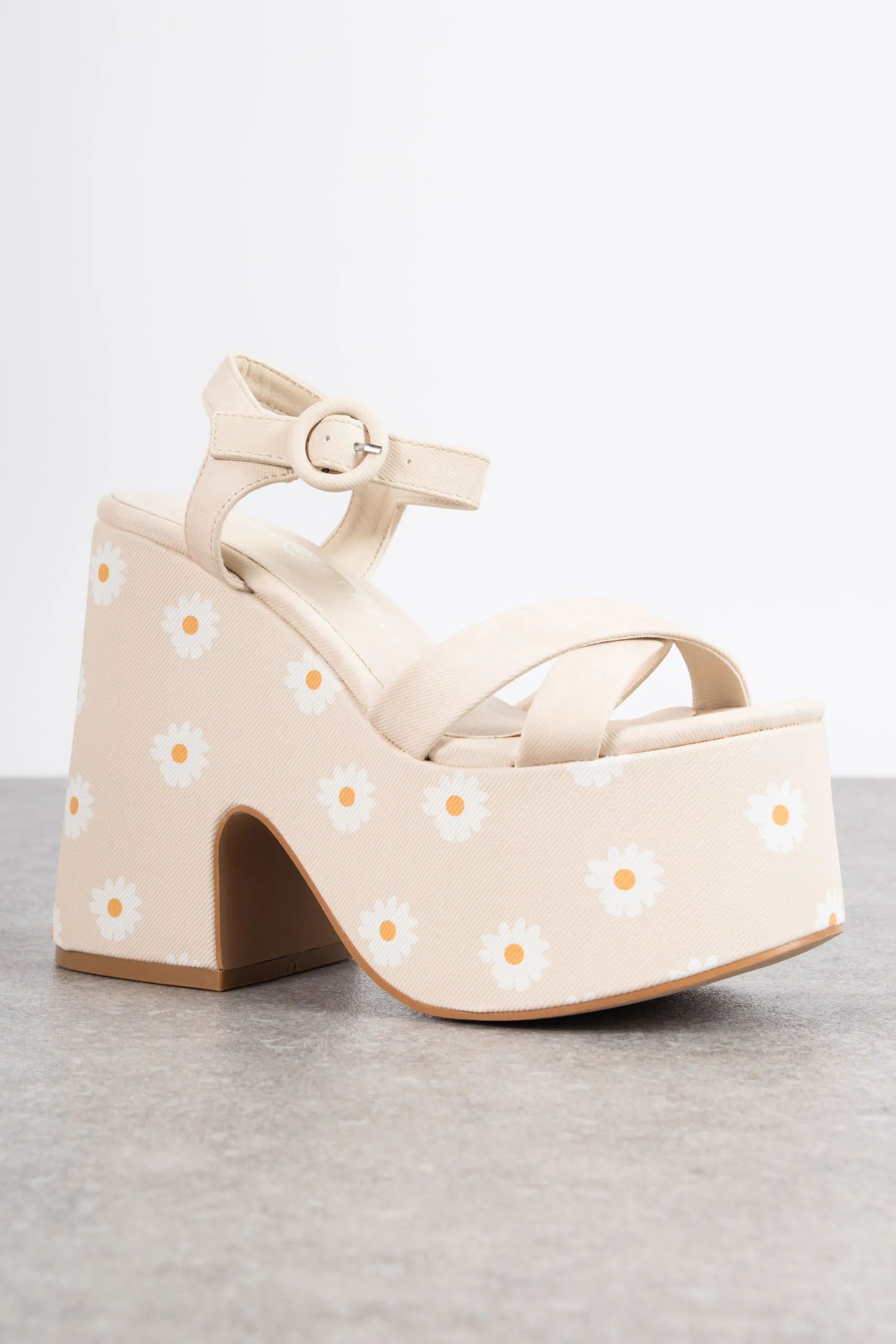 Daisy Street Platform Heeled Sandals in Beige Daisy