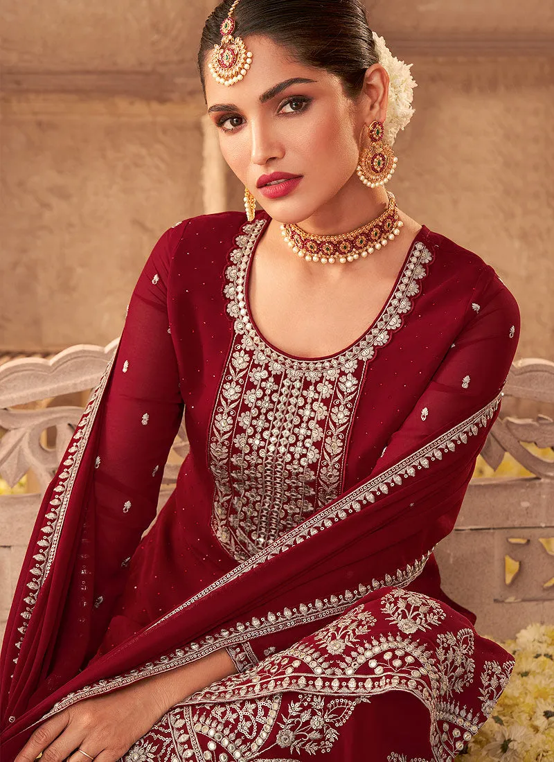 Deep Red Zari Embroidered Festive Palazzo Style Suit