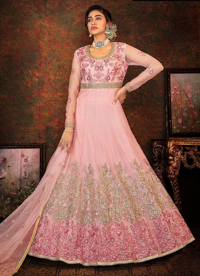 Dusty Pink Multi Embroidered Wedding Anarkali Suit