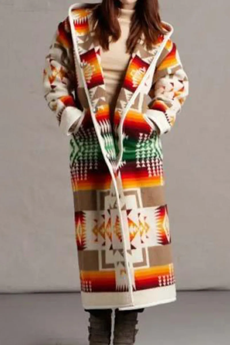 Elegant Geometric Printing Hooded Collar Outerwear(6 Colors)