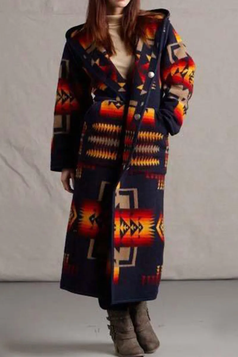 Elegant Geometric Printing Hooded Collar Outerwear(6 Colors)