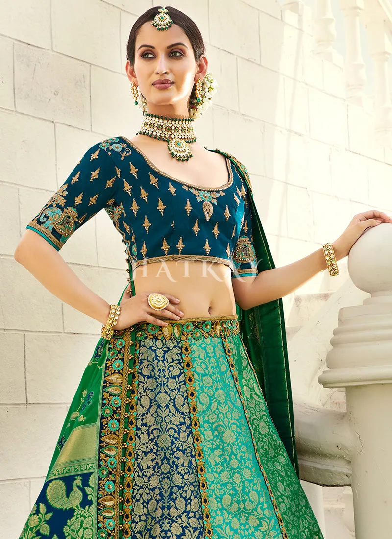 Green And Blue Embroidered Silk Wedding Lehenga Choli