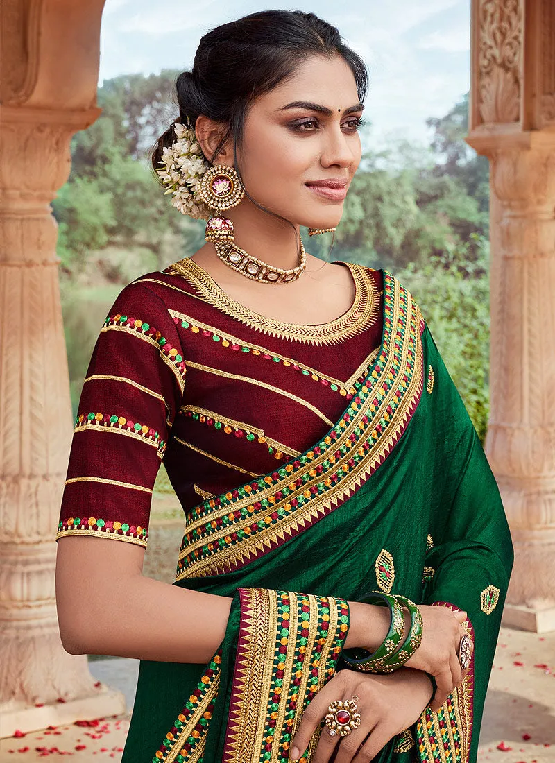 Green And Maroon Multi Embroidered Saree