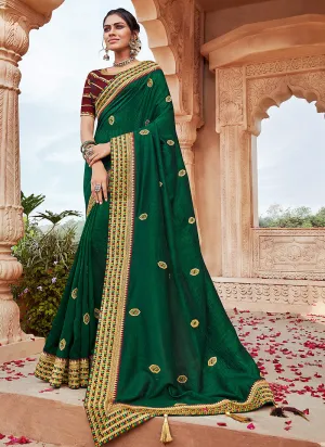 Green And Maroon Multi Embroidered Saree