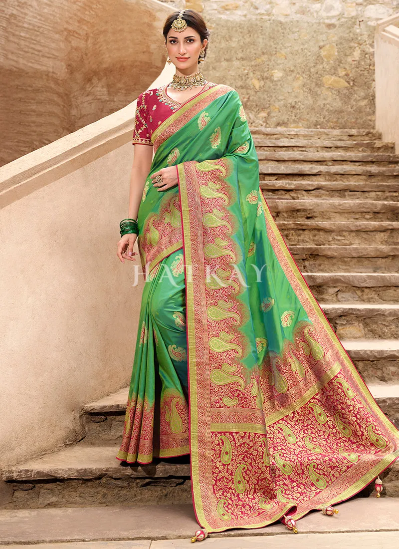 Green And Red Embroidered Banarasi Silk Saree