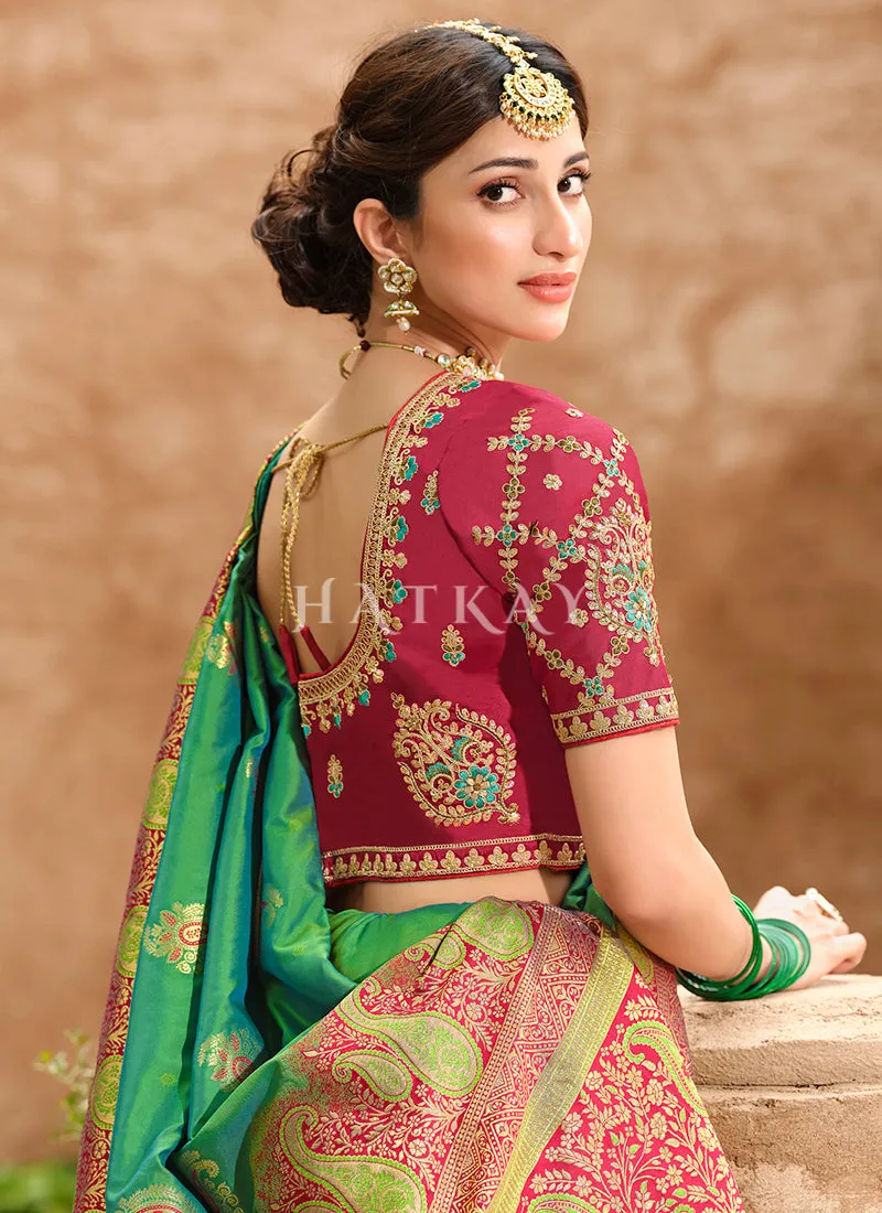 Green And Red Embroidered Banarasi Silk Saree