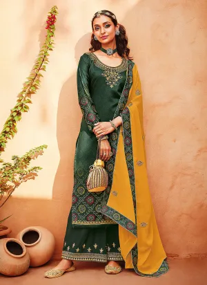 Green And Yellow Ethnic Embroidered Festive Palazzo Suit